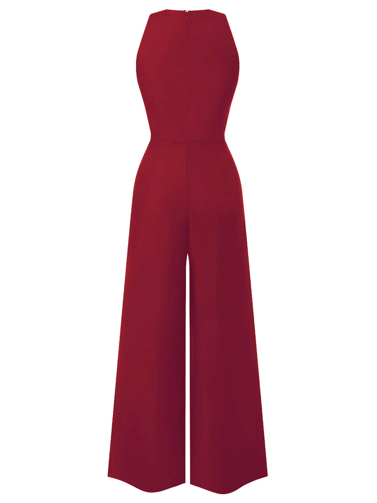 [Pre-Sale] Red 1950s Sleeveless Buttoned Solid Jumpsuit