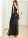 Black 1920s One-Shoulder Caped Sequined Dress