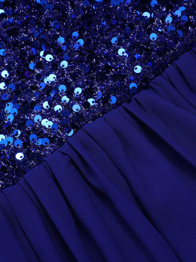 Royal Blue 1920s Sequined Sweetheart Neck Maxi Dress