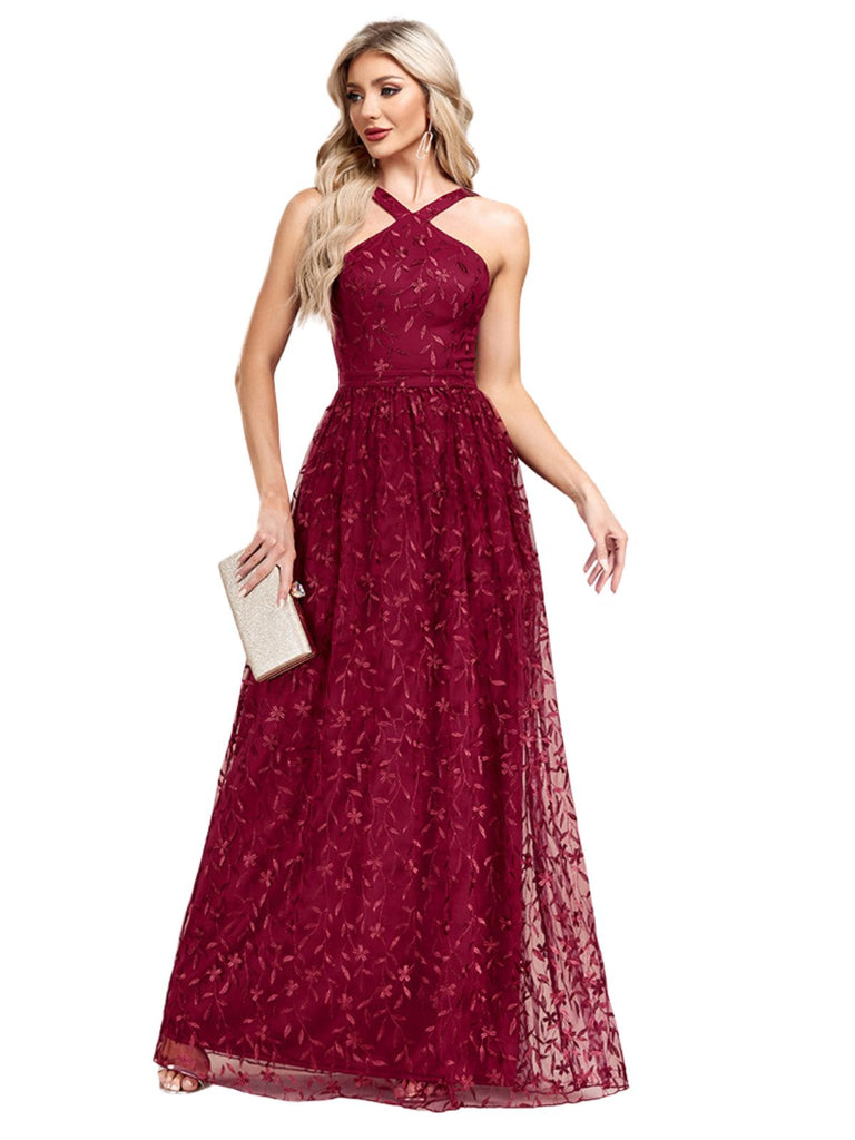 Wine Red 1920s Embroidered Mesh Maxi Dress