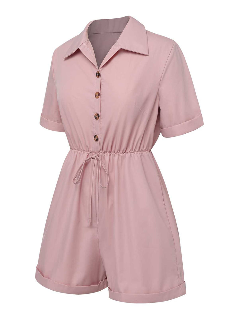 1950s Shirt Neck Lace-Up Solid Romper