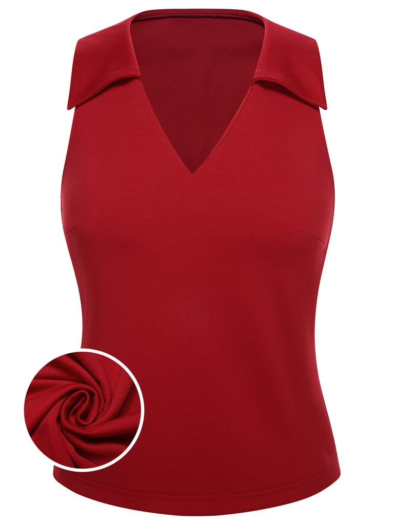 Red 1940s Solid Sleeveless Lapel Top