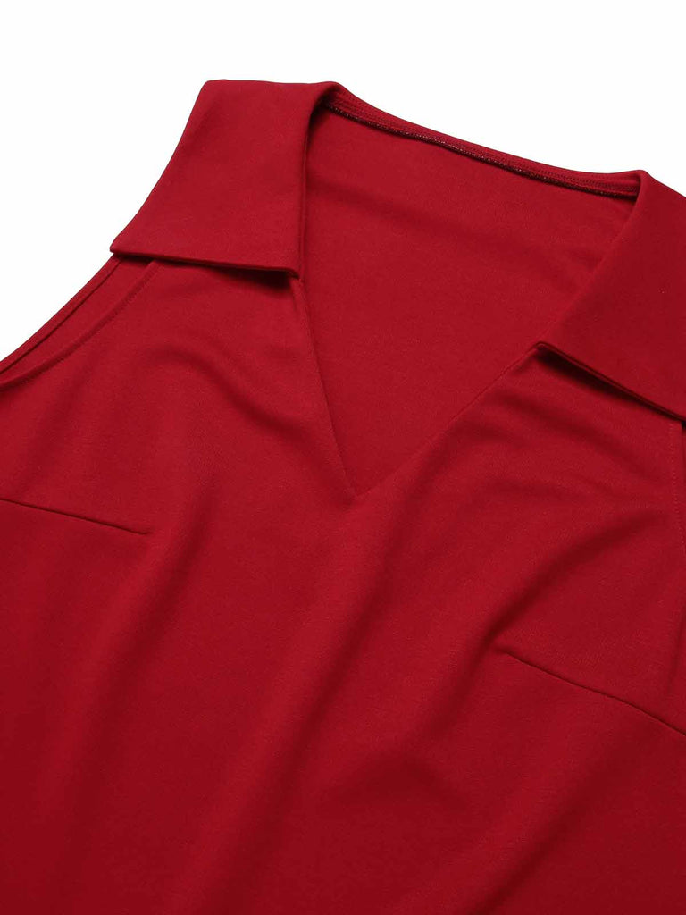 Red 1940s Solid Sleeveless Lapel Top