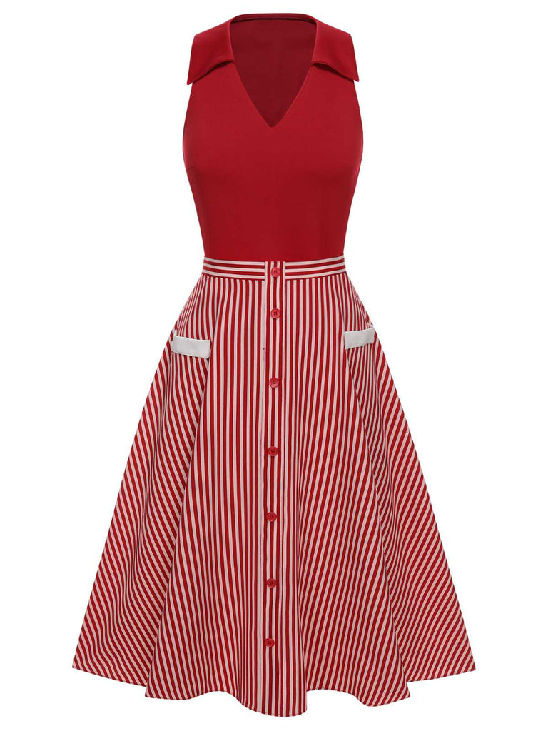 2PCS Red 1940s Lapel Top & Stripes Skirt