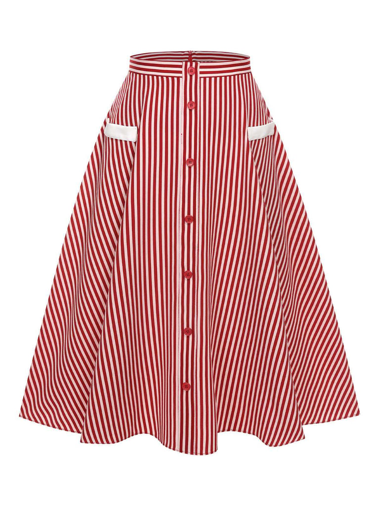 2PCS Red 1940s Lapel Top & Stripes Skirt