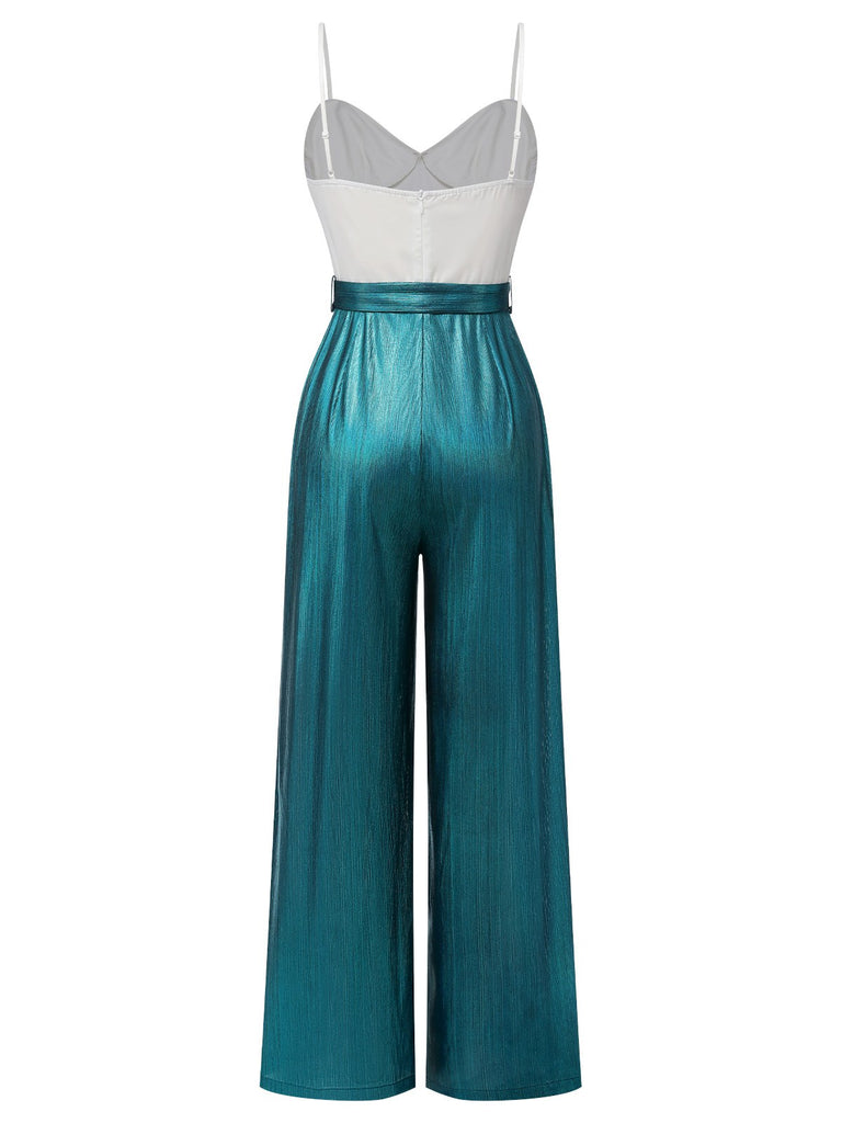 Blue 1930s Laser Flashing Spaghetti Strap Jumpsuit