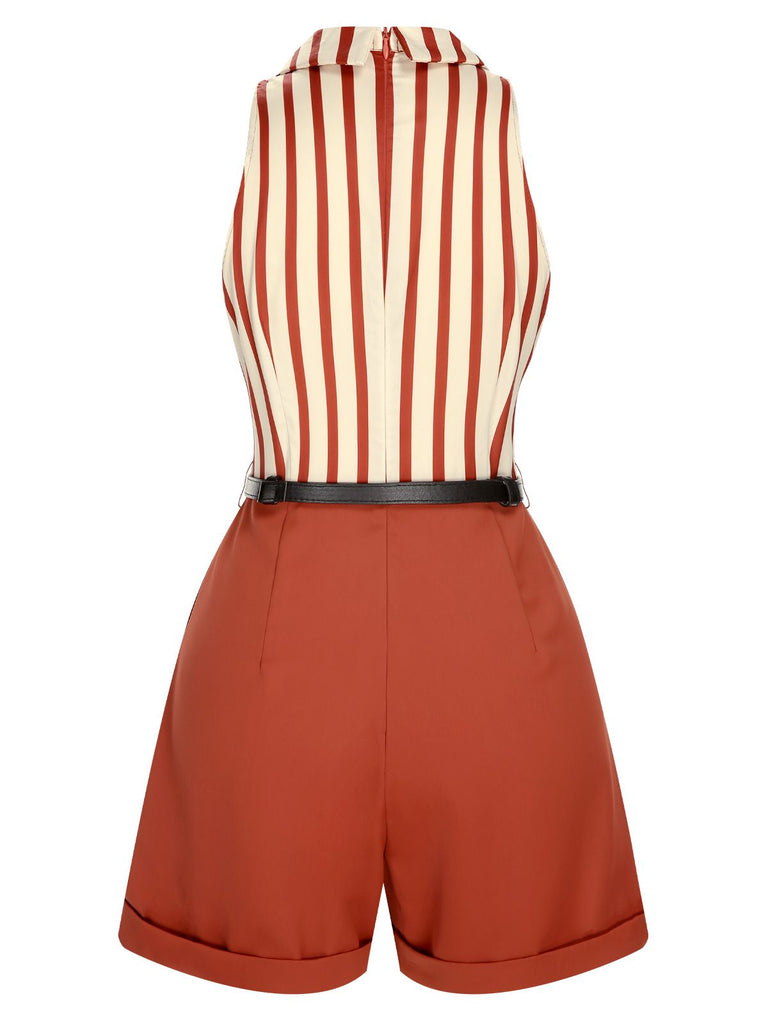 Brick Red 1940s Striped Lapel Romper