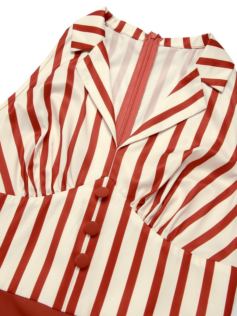 Brick Red 1940s Striped Lapel Romper