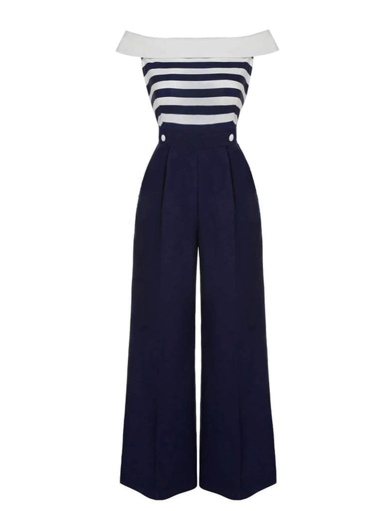 Dark Blue 1930s Stripe Off-Shoulder Jumpsuit