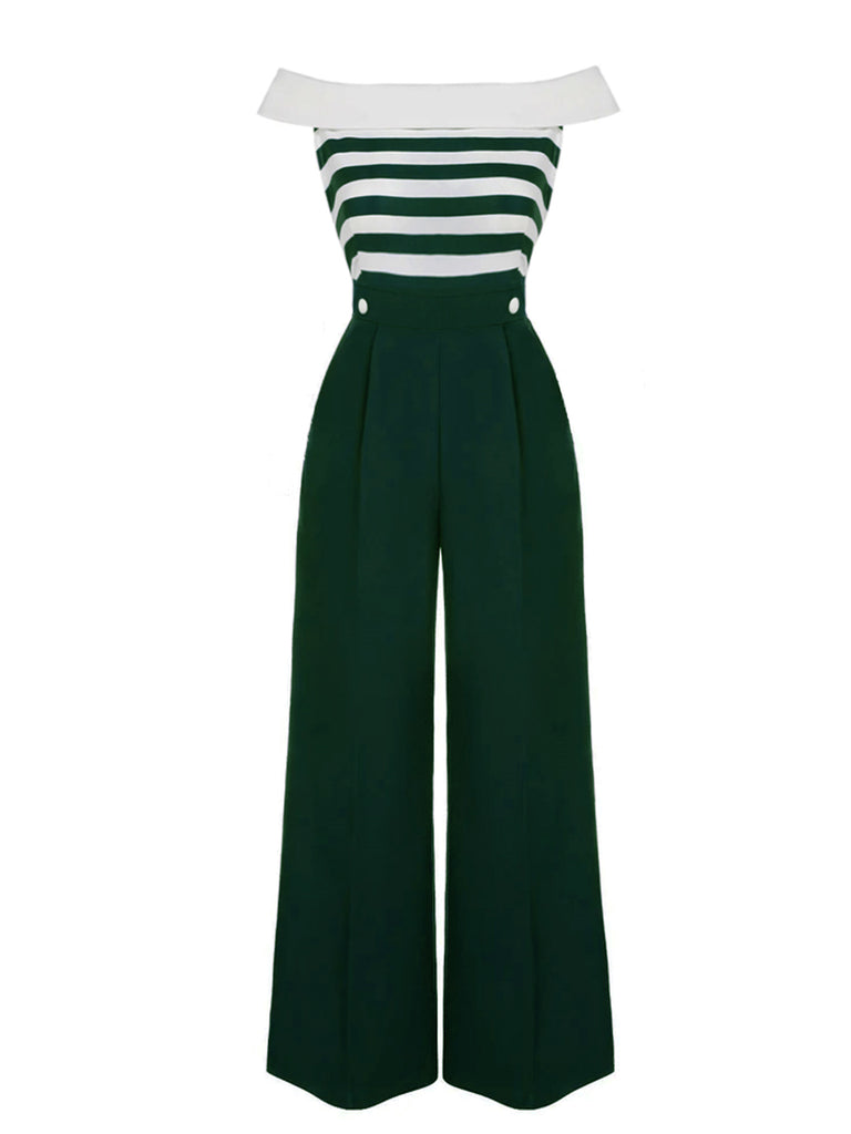 [Pre-Sale] Green 1930s Stripe Off-Shoulder Jumpsuit