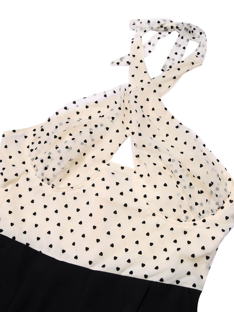 Beige & Black 1950s Heart Dots Halter Jumpsuit