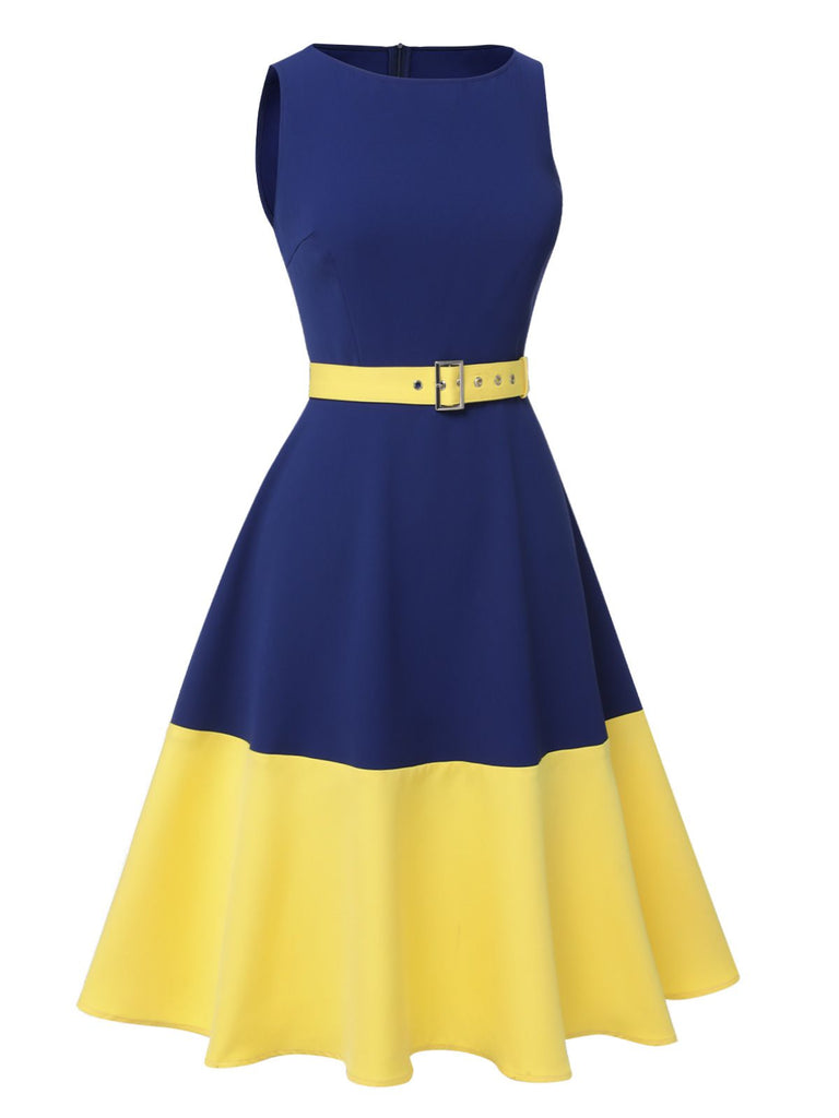 [Pre-Sale] Dark Blue & Yellow 1950s Solid Boat Neck Dress