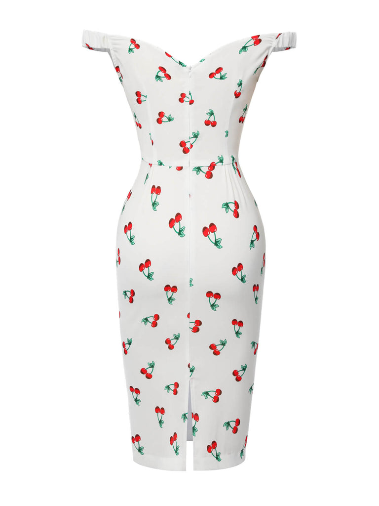 [Pre-Sale] White 1960s Cherry Off-Shoulder Pencil Dress