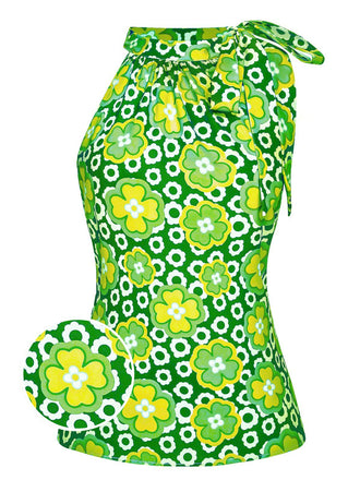 1960s Tie Neck Floral Sleeveless Top