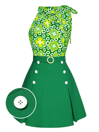 2PCS 1960s Tie Neck Floral Top & Button Solid Skirt