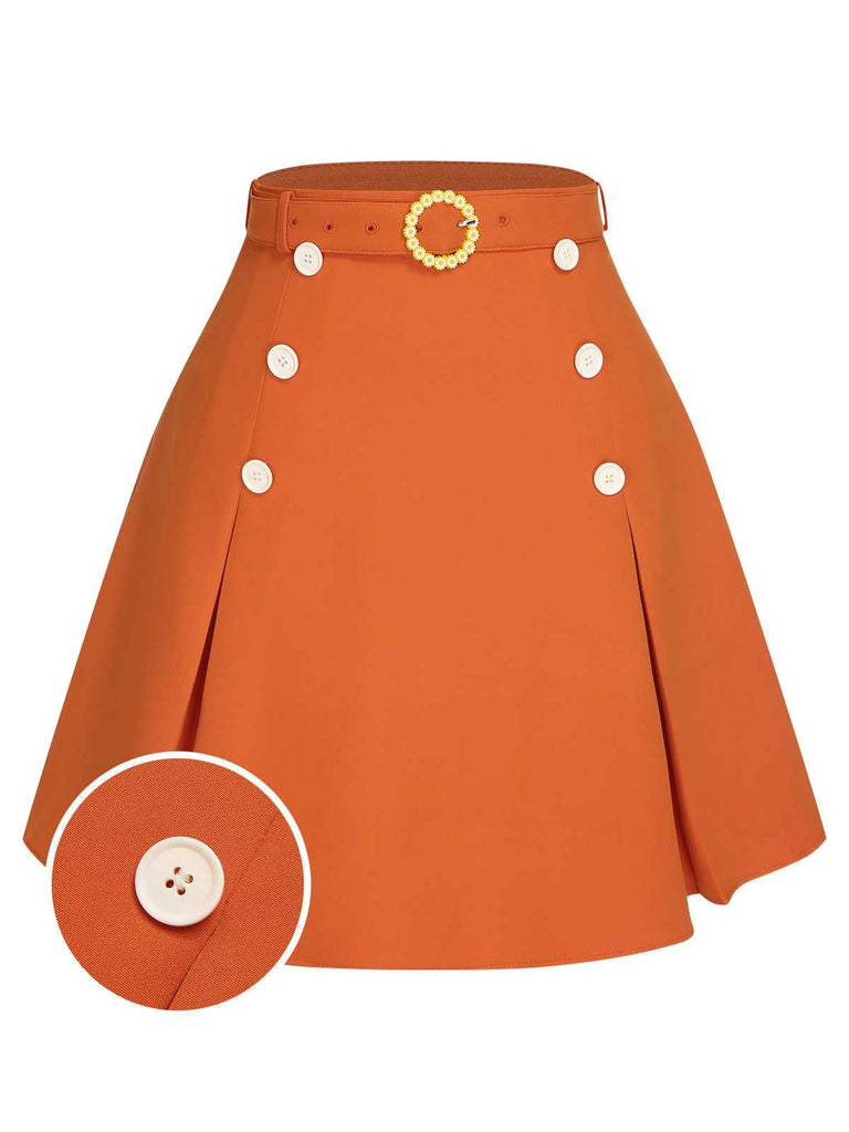 Orange Red 1960s Button Solid Belted Skirt