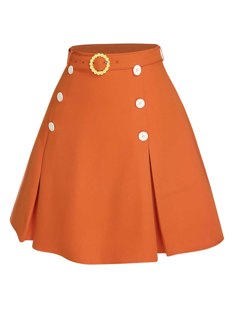 Orange Red 1960s Button Solid Belted Skirt