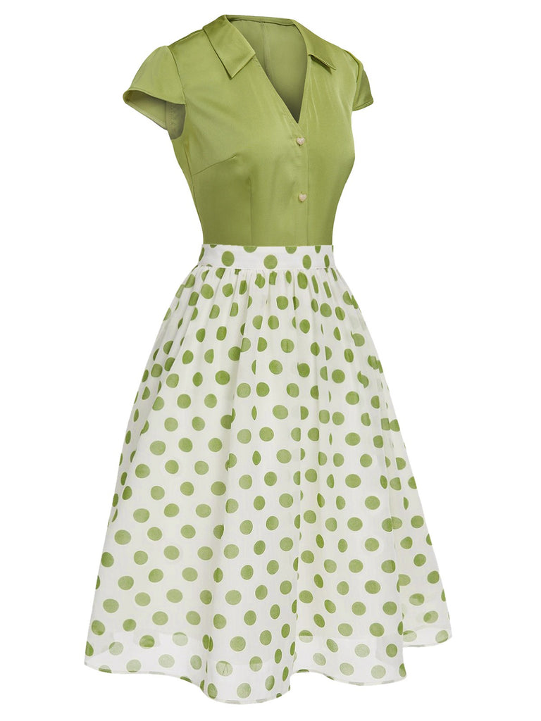 2PCS Green 1940s Buttons Shirt & Polka Dots Skirt