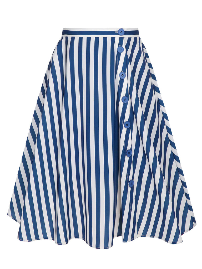 Blue 1940s Stripe Buttoned A-Line Skirt