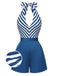 Blue 1940s Symmetrical Stripe V-Neck Halter Romper