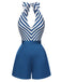 Blue 1940s Symmetrical Stripe V-Neck Halter Romper