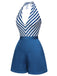 Blue 1940s Symmetrical Stripe V-Neck Halter Romper