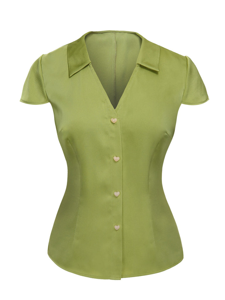 Green 1940s Satin V-Neck Buttons Shirt