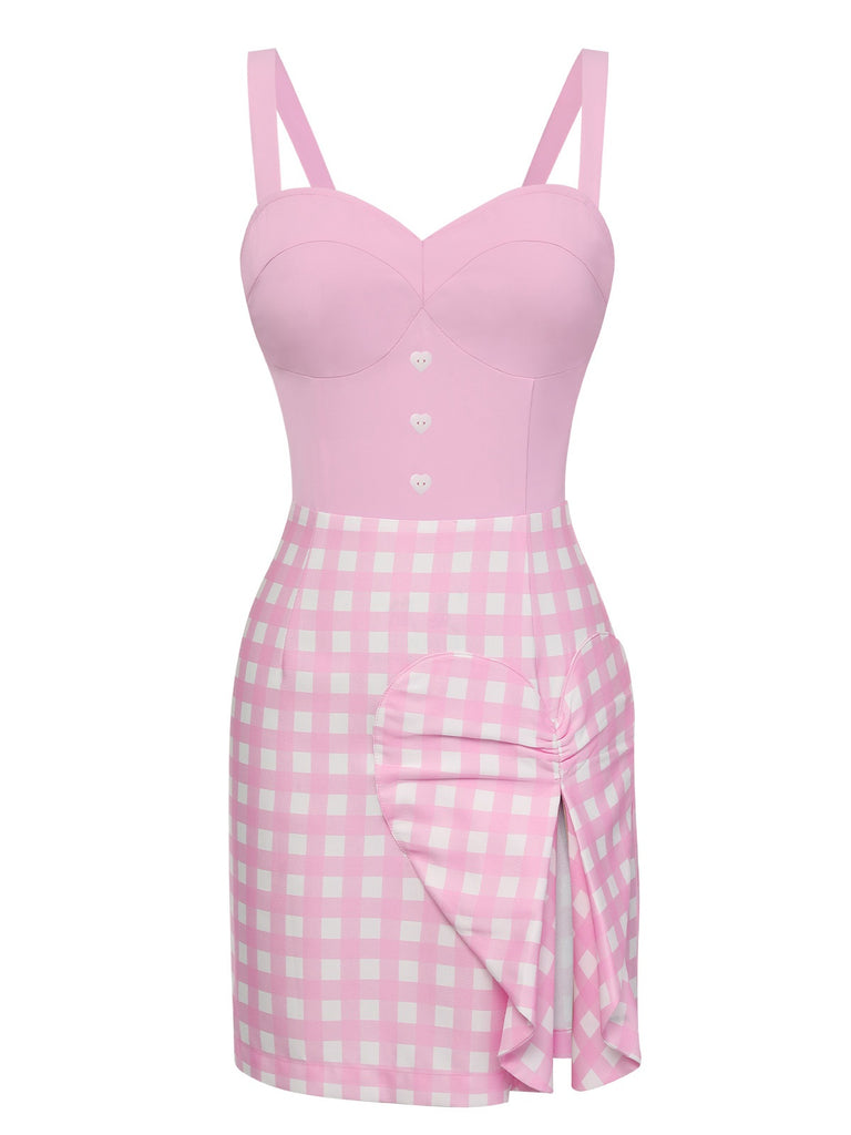 [Pre-Sale] Pink 1960s Plaid Love Slit Strap Dress