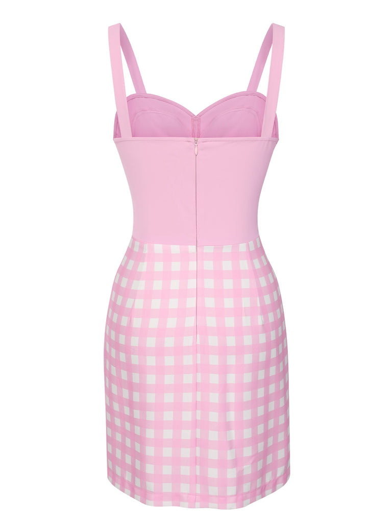 Pink 1960s Plaid Love Slit Strap Dress