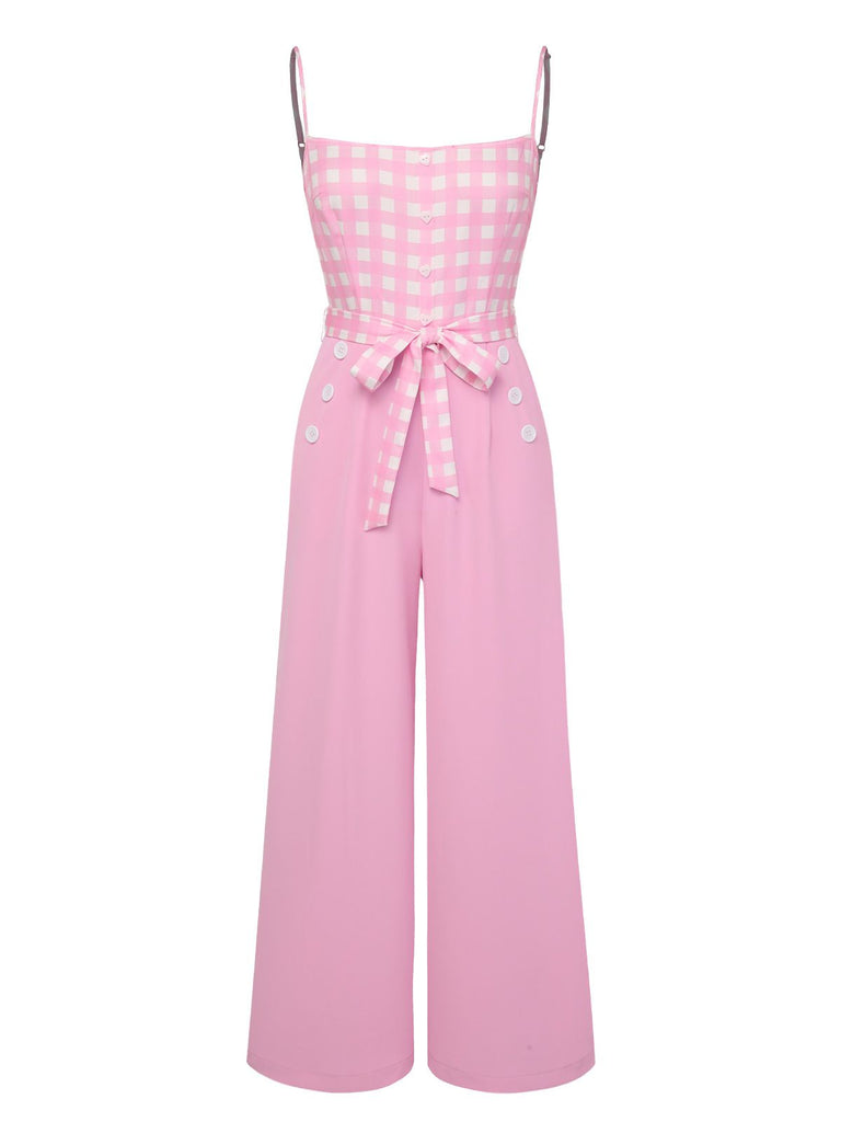 Pink 1950s Gingham Plaid Suspender Jumpsuit