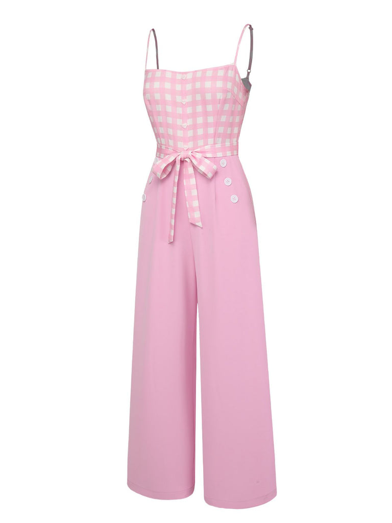 Pink 1950s Gingham Plaid Suspender Jumpsuit