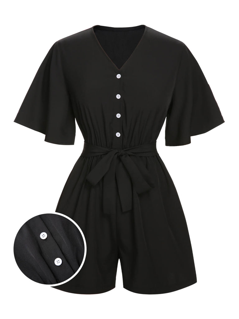 ‍Black 1960s Solid Flare Sleeve V-Neck Romper (86% off)
