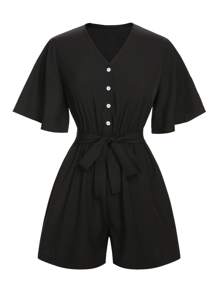 Black 1960s Solid Flare Sleeve V-Neck Romper