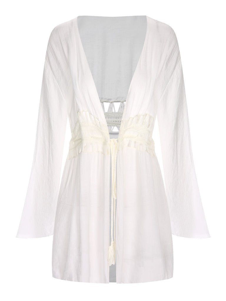 White 1960s Solid Hollow Waist Cover Up