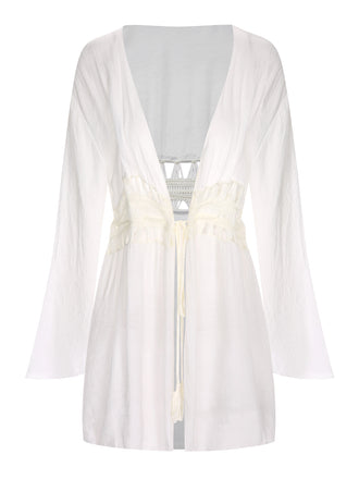 White 1960s Solid Hollow Waist Cover Up