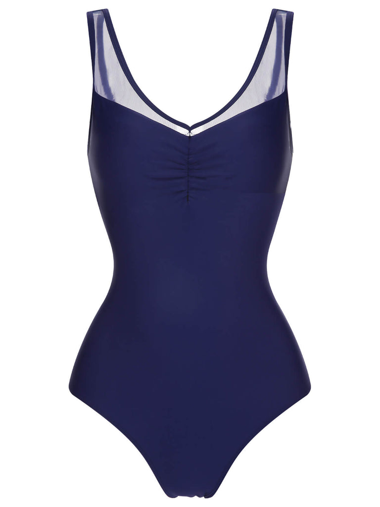 Deep Blue 1930s Solid Back Cross Swimsuit
