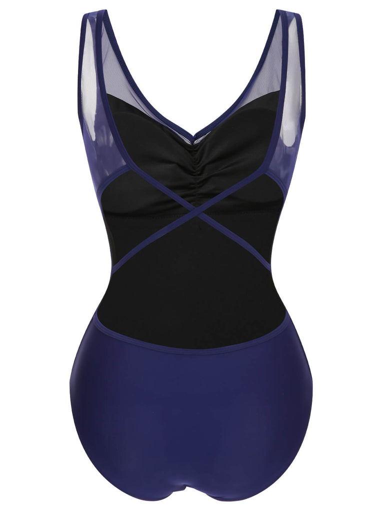 Deep Blue 1930s Solid Back Cross Swimsuit