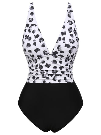 Black 1930s Leopard Patchwork V-Neck Swimsuit