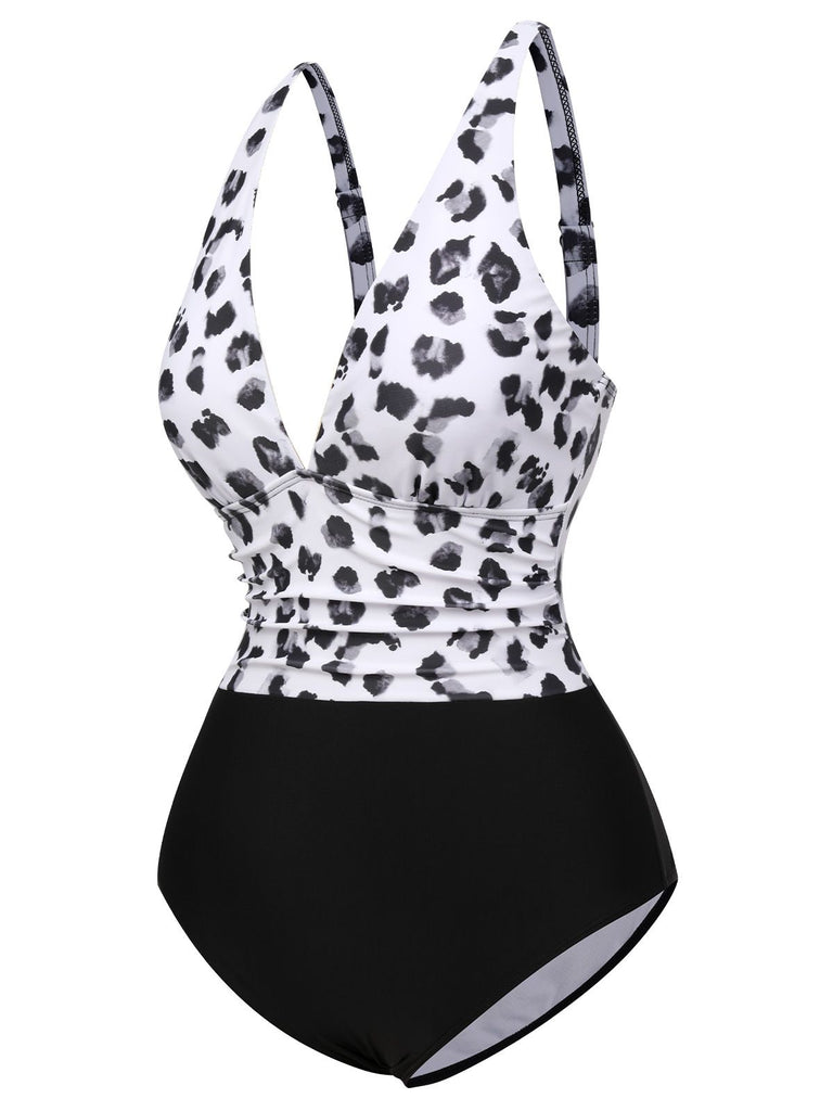 Black 1930s Leopard Patchwork V-Neck Swimsuit