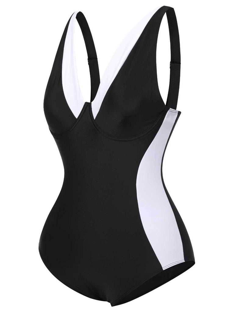 [Plus Size] Black 1930s Contrast One-Piece Swimsuit