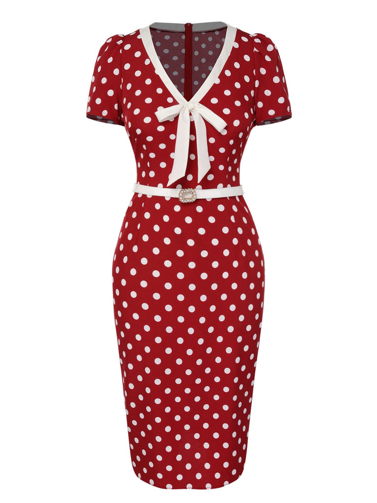 Red 1960s Polka Dots Tie Neck Dress