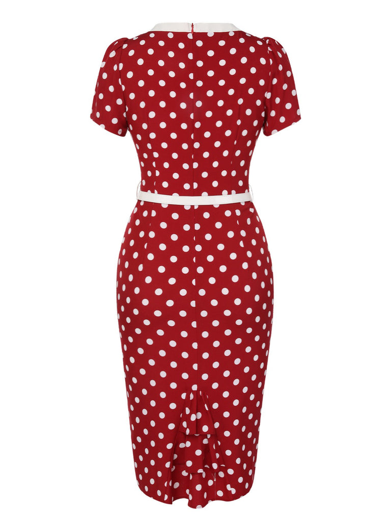 Red 1960s Polka Dots Tie Neck Dress