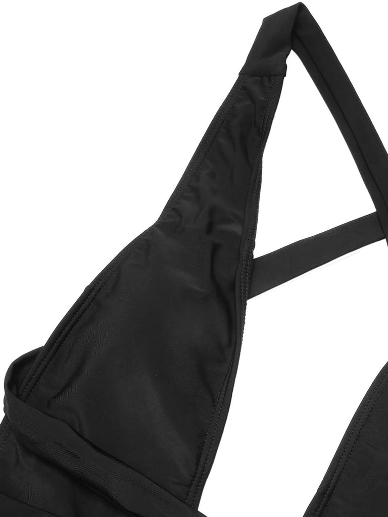 Black 1960s Solid Deep V-Neck Bandage Swimsuit