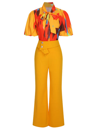 2PCS Yellow 1970s Tie Bow Colorblock Blouse & Bottons Pants