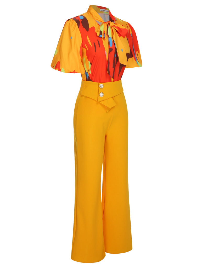 2PCS Yellow 1930s Tie Bow Colorblock Blouse & Bottons Pants