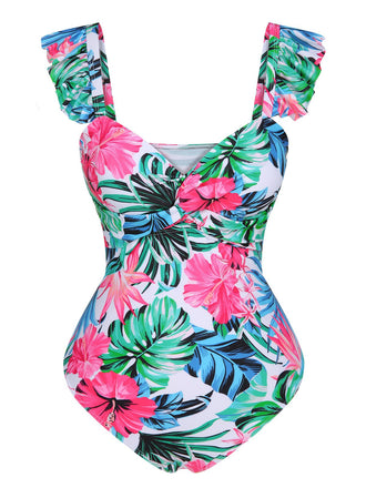 Multicolor 1970s Tropical Plants Ruffles Swimsuit