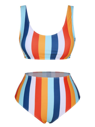 1930s Scoop Neck Rainbow Striped Swimsuit Set