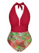 Red 1930s Tropical Plants One-Piece Swimsuit