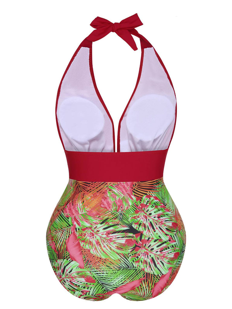 Red 1930s Tropical Plants One-Piece Swimsuit