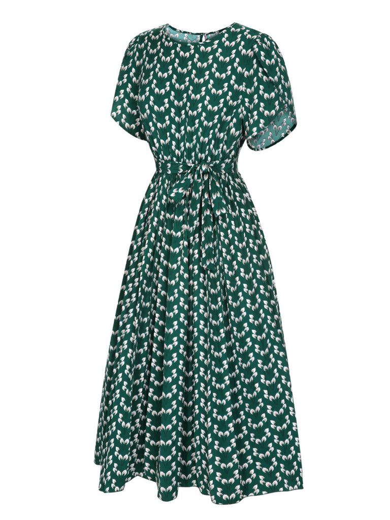 Green 1940s Floral Waist Tie Dress
